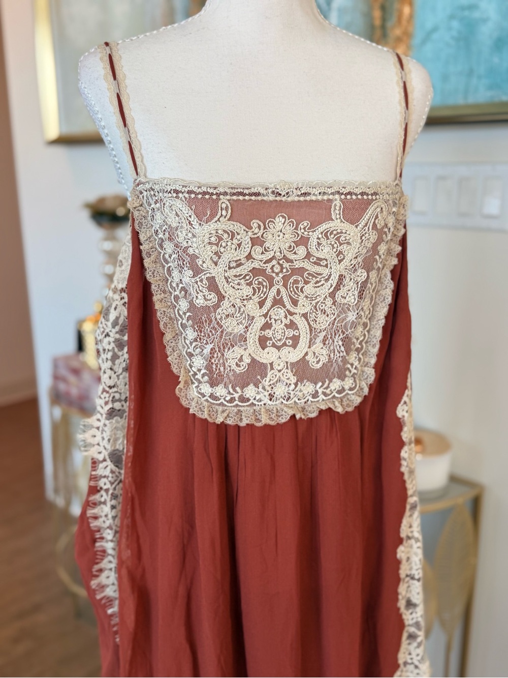 Rust Lace-Trim Slip Dress -Romantic Dress - Picture 7 of 10